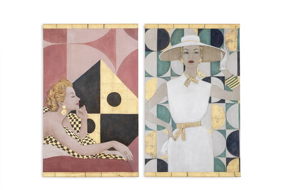 Image 1 of Geschilderd canvas met een elegante vrouw in jaren 1950 stijl. Eigentijdse stijl.