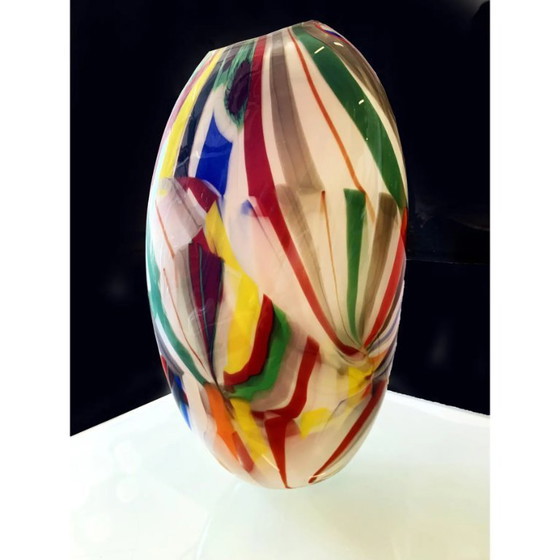 Image 1 of Abstract Vase in Milky-White Murano-Inspired Glass with Multicolored Reeds