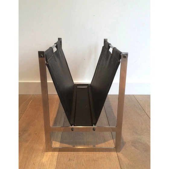 Image 1 of Vintage brushed steel and leather magazine rack, 1970