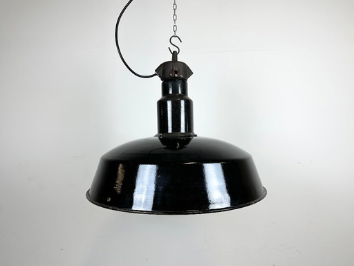 Industrial Mid Century Black Enamel Factory Lamp, 1950s