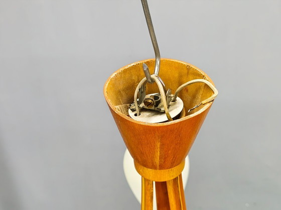Image 1 of Pair of Czech Mid-Century Wood and Glass Chandeliers by Dřevo Humpolec