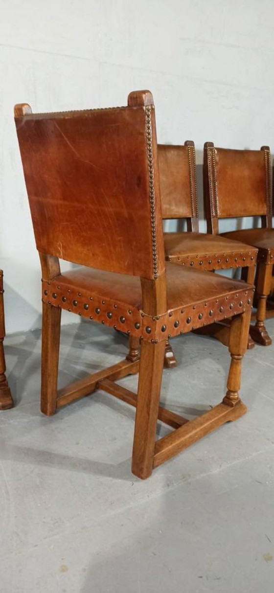 Image 1 of 6 x vintage  Spanish solid wood and leather dining chairs