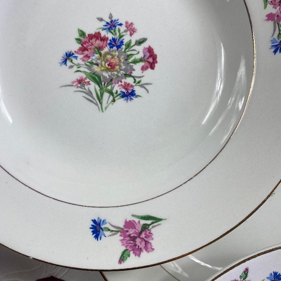 Image 1 of Set of 6 antique Sarreguemines earthenware soup plates, Cibon Nice pattern, flowers and gilding