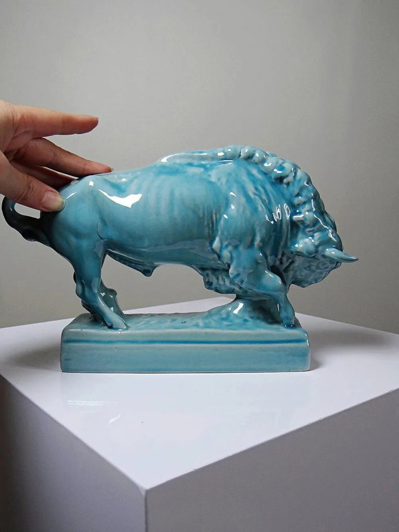 Bisonte Zsolnay in maiolica smaltata turchese, Ungheria, anni '40-'50. – Oggetti decorativi, Porcellana (photo 9 of 15)