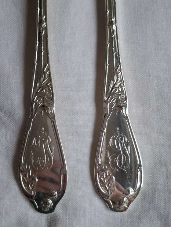 Image 1 of 6 couverts à poisson argentés art nouveau 'Chardons' orfèvre Boulenger