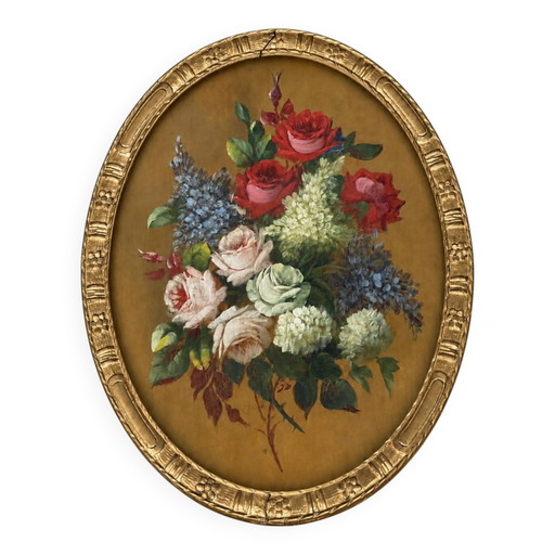 Stillleben mit Blumen. Öl auf Holztafel.