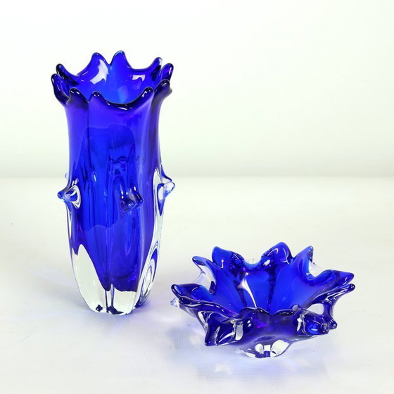 Image 1 of Cobalt Blue Art Glass Set By Jaroslav Taraba For Lednické Rovne, Czechoslovakia, 1960s
