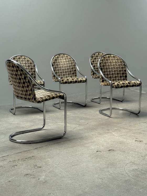 Image 1 of SET OF 5 CHROMED STEELTUBE CANTILEVER CHAIRS IN THE STYLE OF GASTONE RINALDI, ITALY 1970s