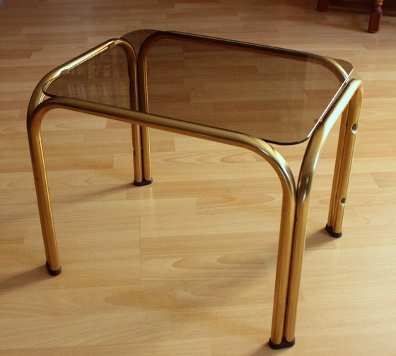 Small brass side table with smoked glass top, Space Age, Metal, Gold, Vintage (photo 2 of 9)