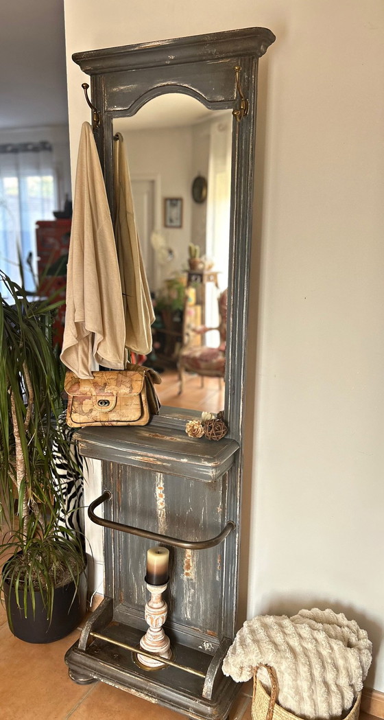Old entrance coat rack patinated blue-grey with mirror, Vintage charm, Shelving unit, Wood (photo 10 of 15)