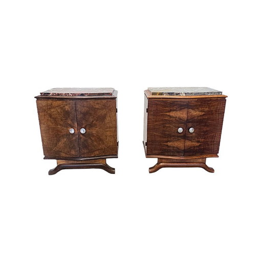 Stel Franse Art Deco Nachtkastjes Met Marmer Blad, Jaren 30 – Wood