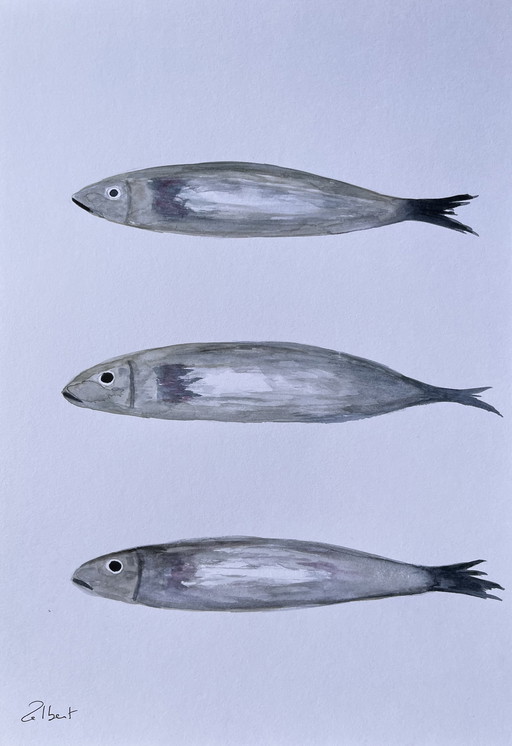 Framed watercolor "sardines" 30x21cm.
