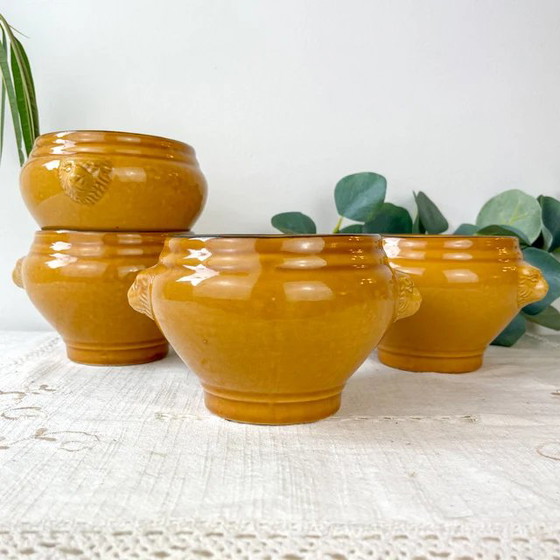 4 Ciotole Vintage in Ceramica Testa di Leone per Zuppa di Cipolle - Miele e Nero, Made in France – Retro (photo 2 of 9)