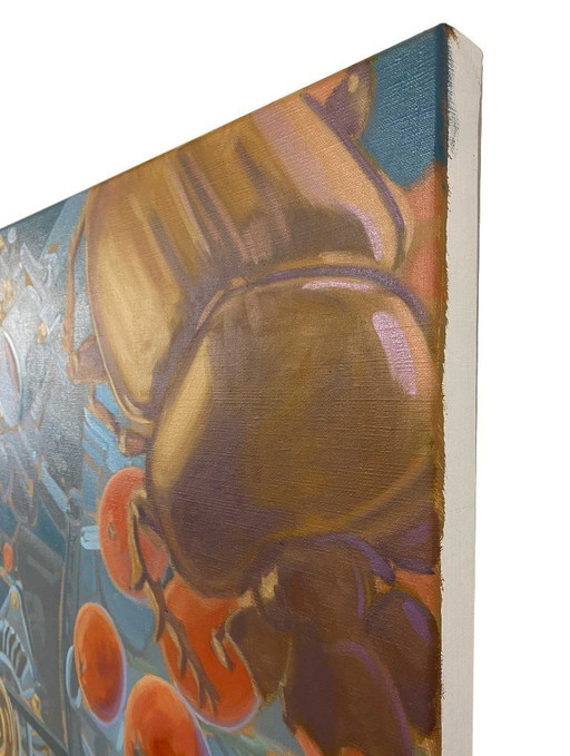 Baies rouges et machine, huile sur toile, 70x100 cm, Sandra Kolondam