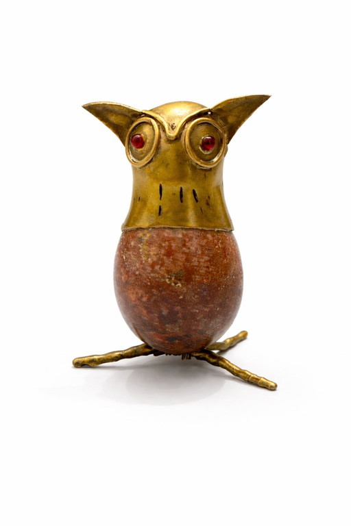 RARE Mid-Century Brass & Pink Natural Stone Owl Sculpture – Italy 1970s – Unique Piece