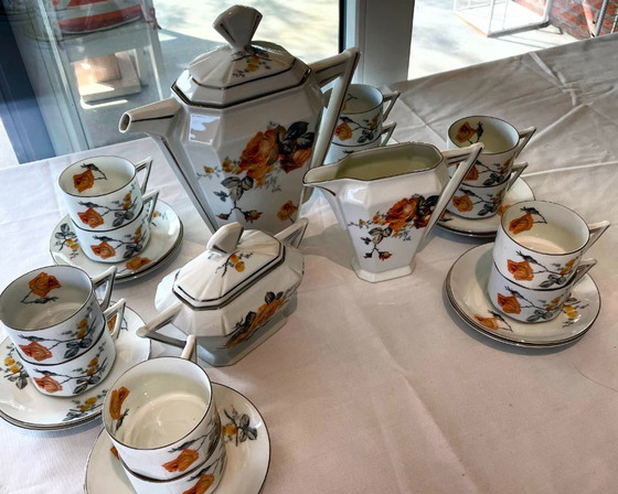 Image 1 of Vintage Eichwald theeservies voor 12 personen – Art Deco porseleinen servies – Oranje rozenpatroon