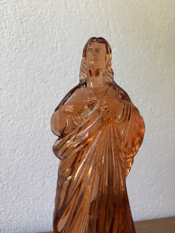 Image 1 of Großer Christus aus rosafarbenem Glas 40er Jahre