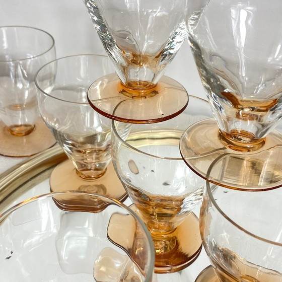 9 Art-Deco-Wein- oder Wassergläser mit bernsteinfarbenen Stielen, 9 cl – Gläser & Karaffe, Glass (photo 4 of 7)