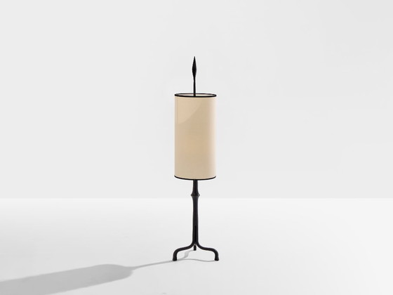 Francis Dewaele & Les Artisans de Marolles smeedijzeren lamp 1955, Tafellampen, Metaal, Textiel, Zwart (foto 10 van 10)