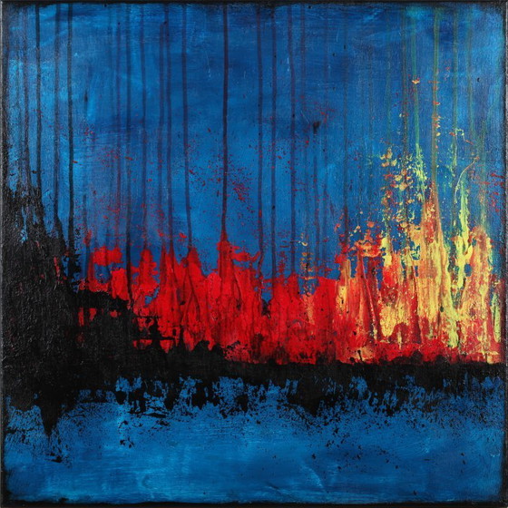 Image 1 of Contemporary abstract artwork in blue, red,black, yelow on stretched canvas