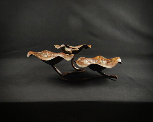 Birdbath in patinated metal, three-level lotus leaf form