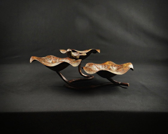 Image 1 of Birdbath in patinated metal, three-level lotus leaf form