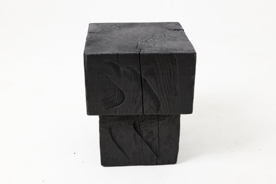 Rustic Sculptural Side Table / Stool, Burnt Black Oak Wood, Carved, Unique, Logniture (photo 6 of 9)