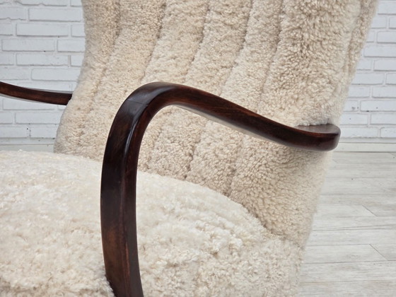 1960s, Danish high-back armchair, genuine sheepskin, reupholstered. – Wood (photo 4 of 22)