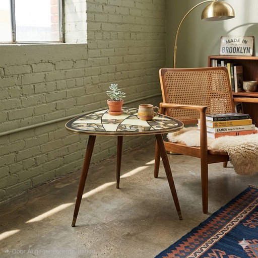 Vintage coffee table. Triangular, three-legged "kidney table". Top finished with glass and a retro pattern. 1950 / 1960.