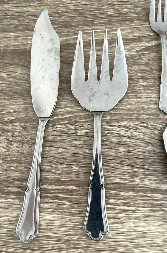 Image 1 of 14 Fischbesteck: 6 Gabeln, 6 Messer, 2 Servierbesteck Inox Frankreich
