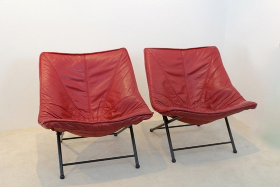 Molinari Foldable Easy Chairs Designed by Teun Van Zanten, Armchairs, Leather, Metal, Red, Mid Century Modern (photo 7 of 10)