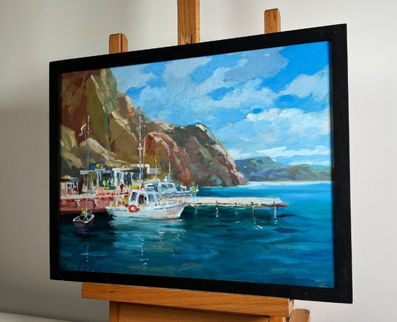Image 1 of Pintura al óleo original: Paisaje marino y montañoso con barcos en el ferry.