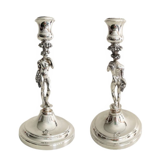Pair of Christofle Figural Candle Holder - Vintage French Male Nude Silver Plated Candlesticks