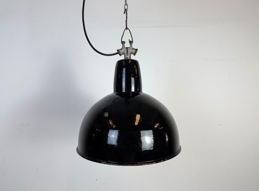 Industrial Black Enamel Factory Lamp with Cast Iron Top, 1950s