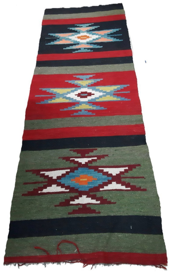 Image 1 of Kilim balcánico antiguo, alfombra de pasillo, tejido de lana