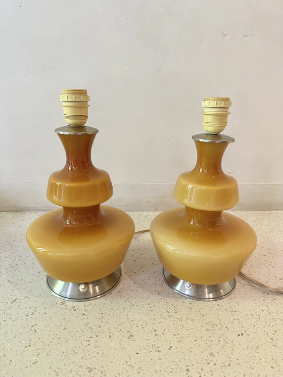 Image 1 of 2 x glass illuminated lamp base ('50/'60) with shades, often listed as Holmegaard