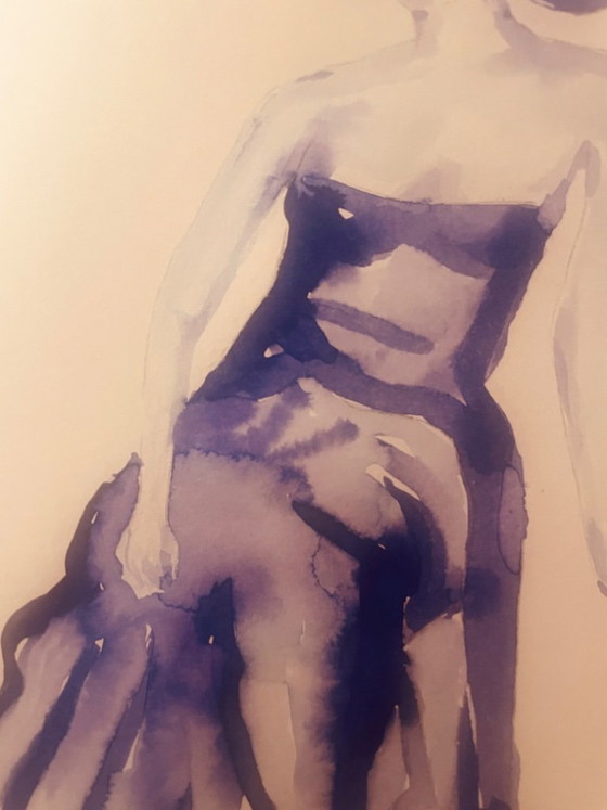 Tableau signé portrait féminin « robe de soirée bleue nuit » – Peintures et dessins, Papier (photo 7 of 10)