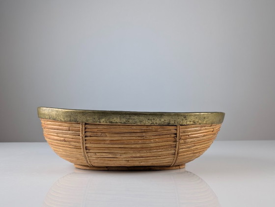Italian Mid-Century Rattan and Brass Oval Centerpiece Bowl, 1970s (photo 10 of 11)