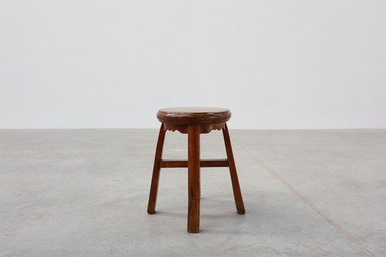 Image 1 of Frans Antiek rond krukje van eikenhout met mooi patina, ca. 1850