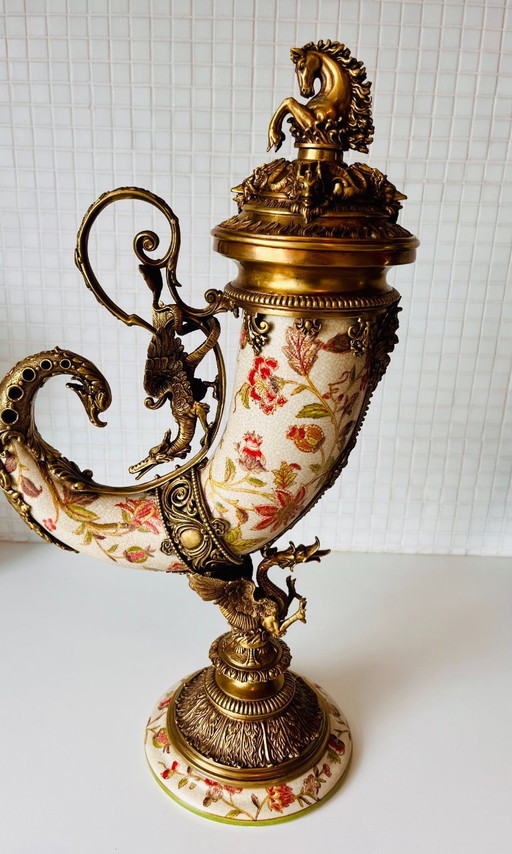 CORNE D'ABONDANCE EN PORCELAINE MONTÉE SUR BRONZE 53 CM CHEF D'OEUVRE ! !!!!