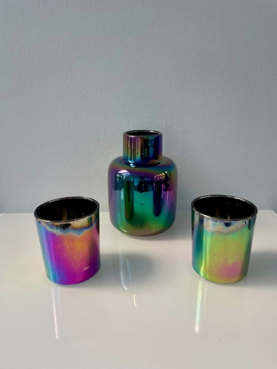 Image 1 of Conjunto de jarrón multicolor y 2 candelabros – efecto arcoíris