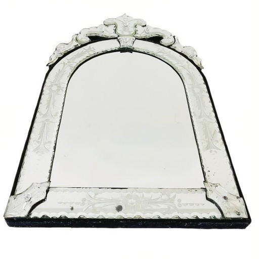 Antique Venetian small mirror etched mirror glass floral mirror 1900s