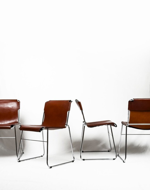 4x modernistische italienische Vintage-Stühle aus Chromrohr und Leder, 1970er Jahre