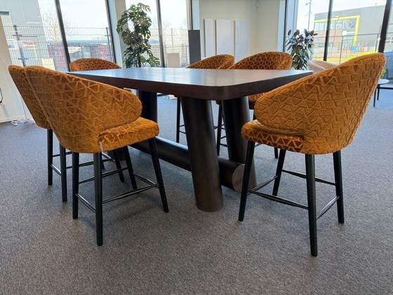 Image 1 of Richmond hoge tafel kersenhout 97x219cm set met 6 stoelen indigo triangle zithoogte 68 cm