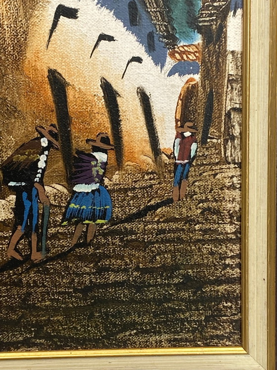 Peruvian Costumbrista painting on canvas, Andean street scene, Centro Artesanal Magdalena, Lima (photo 3 of 9)