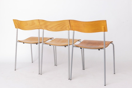 Image 1 of Set of 6 Lammhults Campus Stacking Chairs, Swedish Mid Century Chairs 1970s, Metal & Beech Plywood Dining Chairs