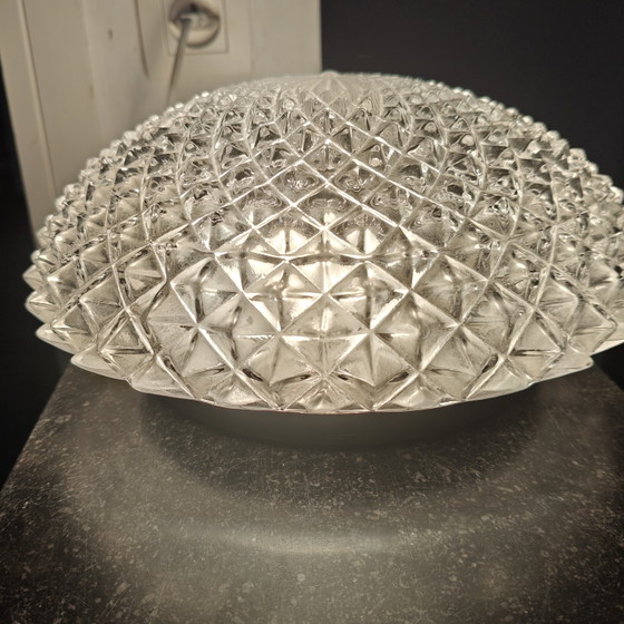 Image 1 of Vintage Diamond Cut Glass Ceiling Light | Mid Century Flush Mount | Space Age Style | 26 cm