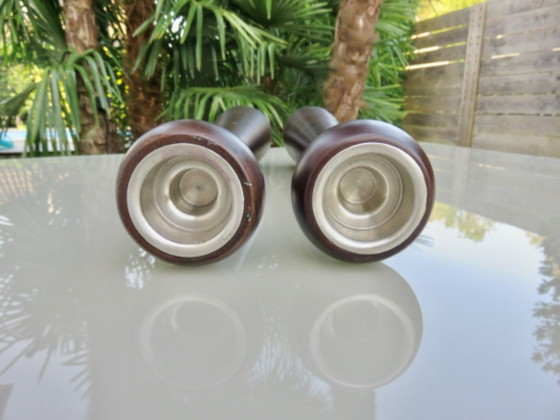 Image 1 of Paar grote Scandinavische houten kandelaars, vintage, jaren 70