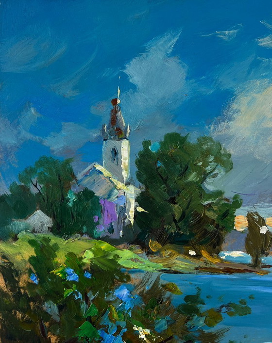 Image 1 of Original Oil Painting Summer Coastal Landscape A lonely boat on the river bank