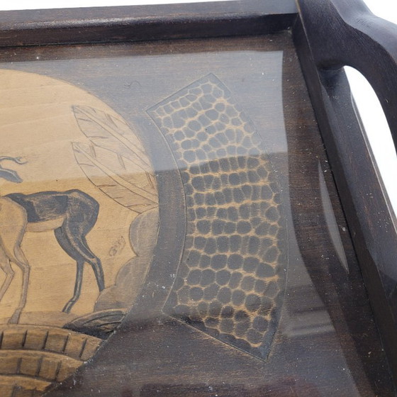 Image 1 of Tablett mit Antilopenschnitzerei, Holz, Art Deco, ps XX - Frankreich